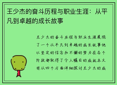 王少杰的奋斗历程与职业生涯：从平凡到卓越的成长故事