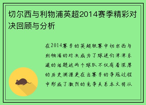切尔西与利物浦英超2014赛季精彩对决回顾与分析