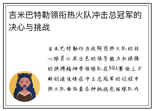 吉米巴特勒领衔热火队冲击总冠军的决心与挑战