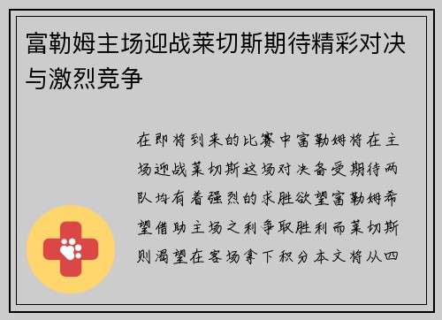 富勒姆主场迎战莱切斯期待精彩对决与激烈竞争