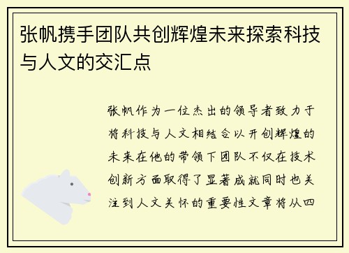 张帆携手团队共创辉煌未来探索科技与人文的交汇点