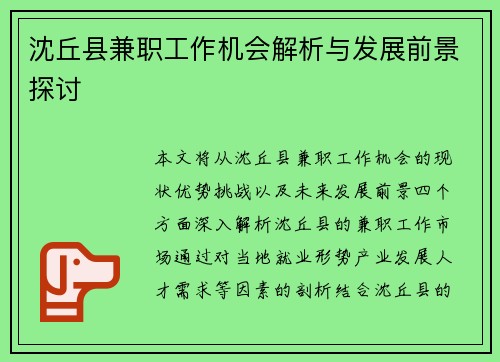 沈丘县兼职工作机会解析与发展前景探讨