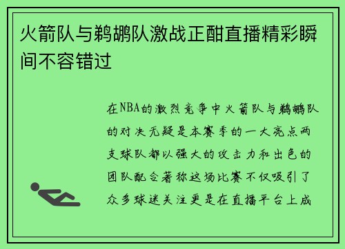 火箭队与鹈鹕队激战正酣直播精彩瞬间不容错过
