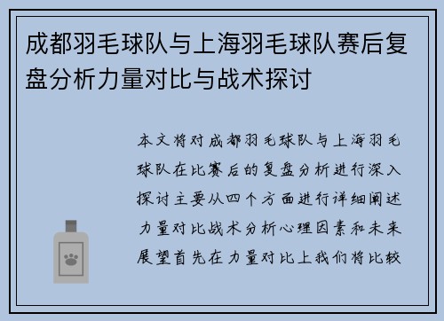 成都羽毛球队与上海羽毛球队赛后复盘分析力量对比与战术探讨