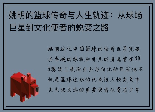 姚明的篮球传奇与人生轨迹：从球场巨星到文化使者的蜕变之路