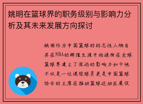 姚明在篮球界的职务级别与影响力分析及其未来发展方向探讨