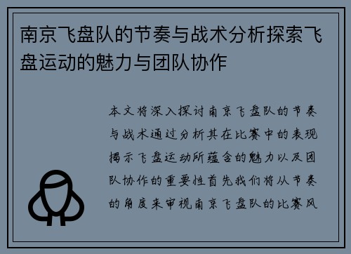 南京飞盘队的节奏与战术分析探索飞盘运动的魅力与团队协作