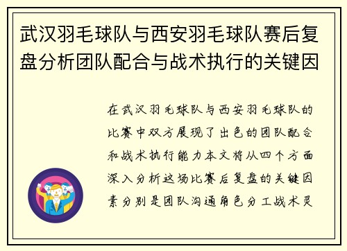 武汉羽毛球队与西安羽毛球队赛后复盘分析团队配合与战术执行的关键因素