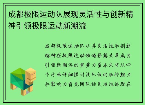 成都极限运动队展现灵活性与创新精神引领极限运动新潮流