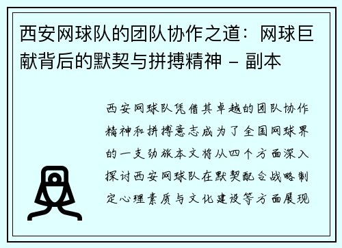 西安网球队的团队协作之道：网球巨献背后的默契与拼搏精神 - 副本