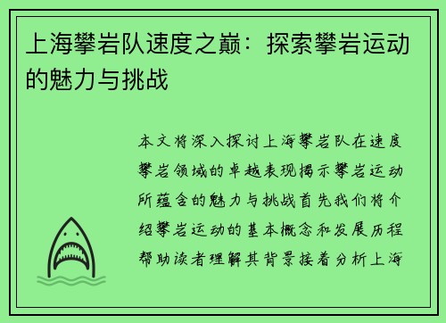 上海攀岩队速度之巅：探索攀岩运动的魅力与挑战